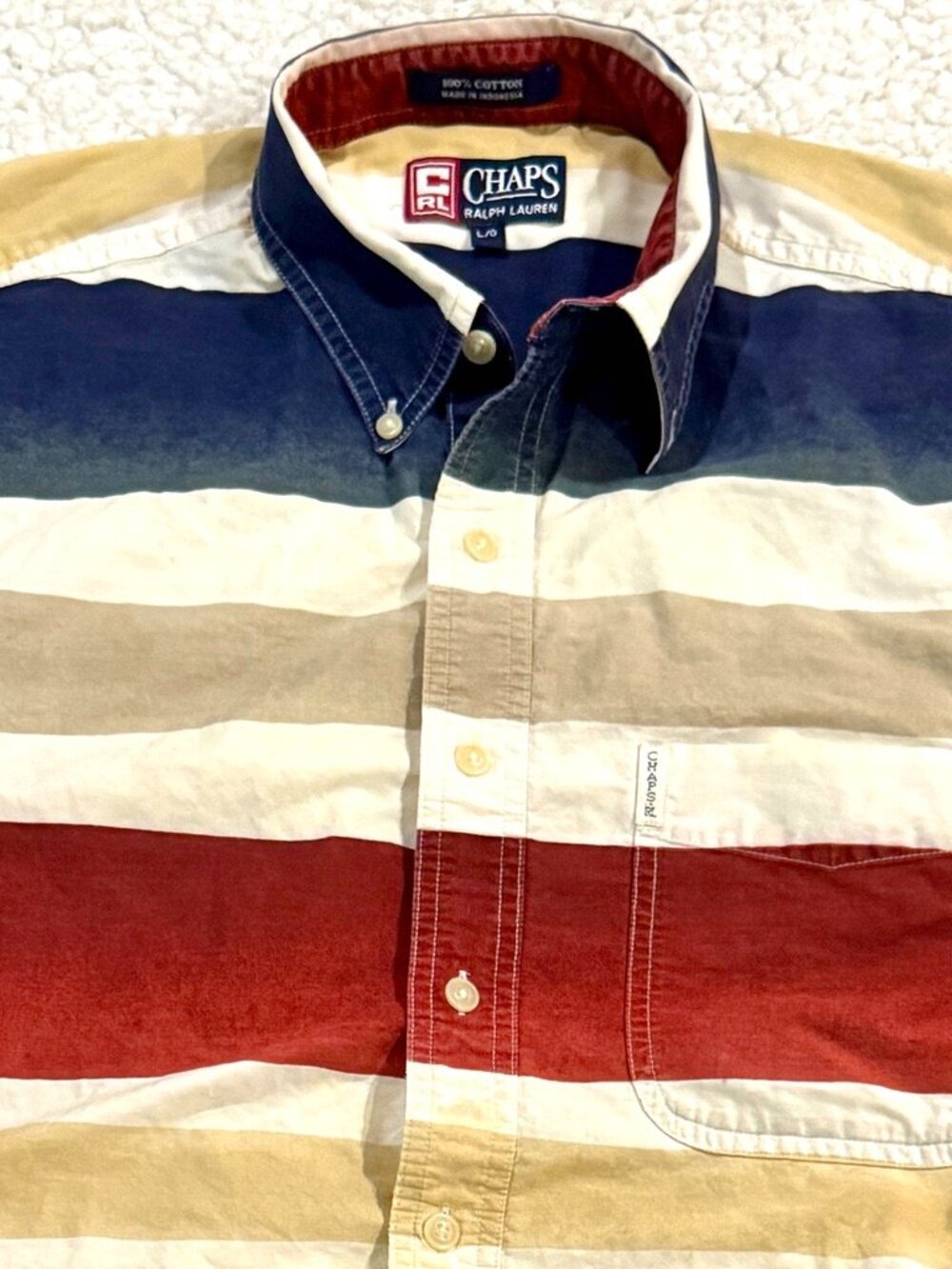 Vintage Chaps by Ralph Lauren Striped Button-Down Shirt in Navy, Red & Tan